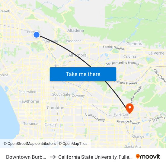 Downtown Burbank to California State University, Fullerton map