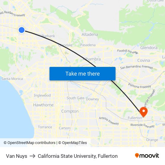 Van Nuys to California State University, Fullerton map