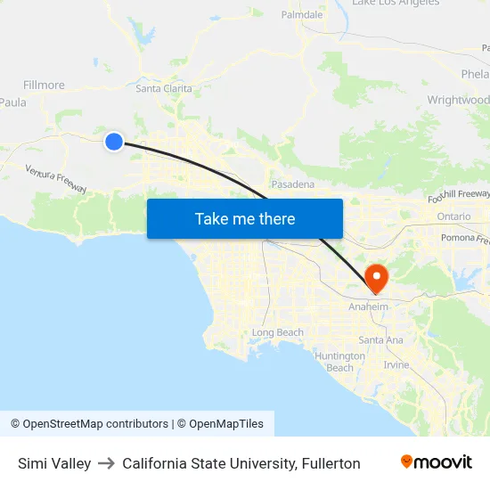 Simi Valley to California State University, Fullerton map