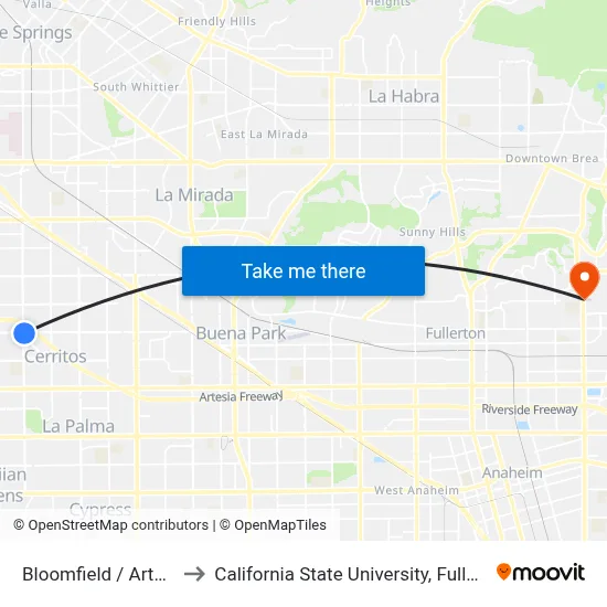 Bloomfield / Artesia to California State University, Fullerton map