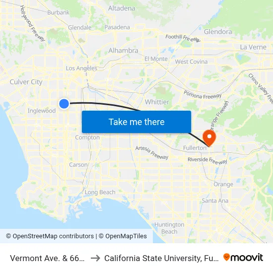 Vermont Ave. & 66th St. to California State University, Fullerton map