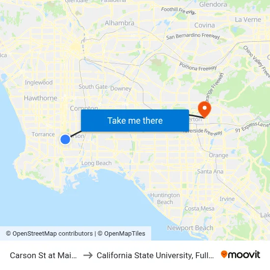 Carson St at Main St to California State University, Fullerton map