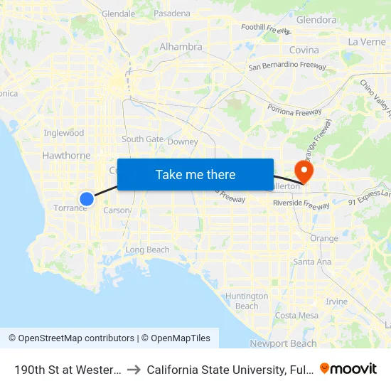 190th St at Western Av to California State University, Fullerton map