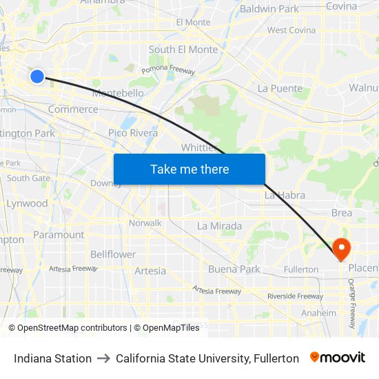 Indiana Station to California State University, Fullerton map