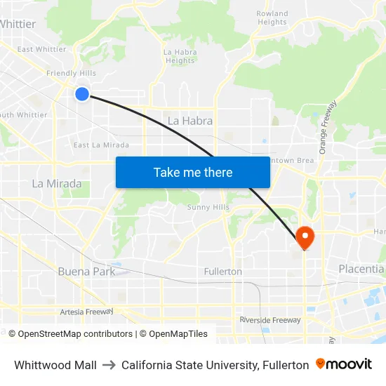 Whittwood Mall to California State University, Fullerton map