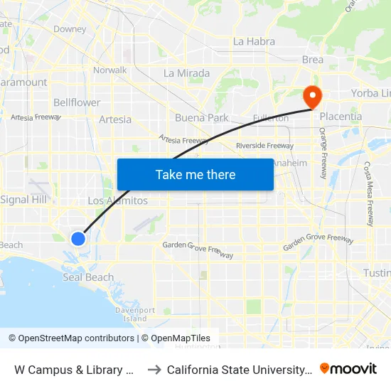 W Campus & Library West Side to California State University, Fullerton map