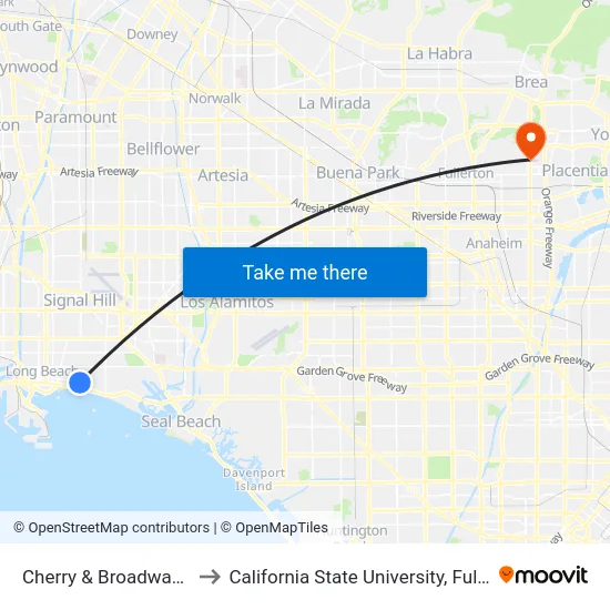 Cherry & Broadway SW to California State University, Fullerton map