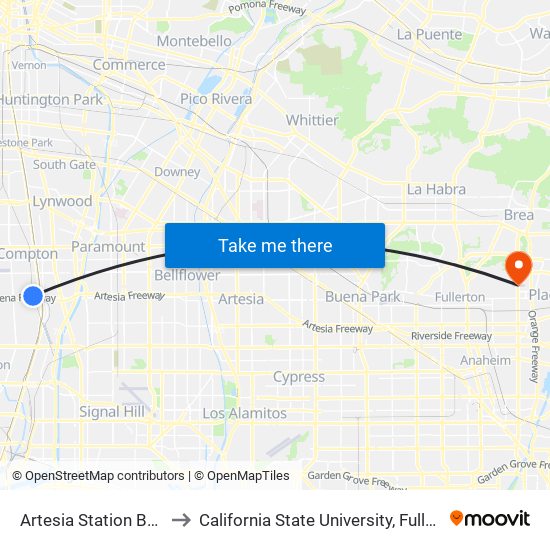 Artesia Station Bay 3 to California State University, Fullerton map