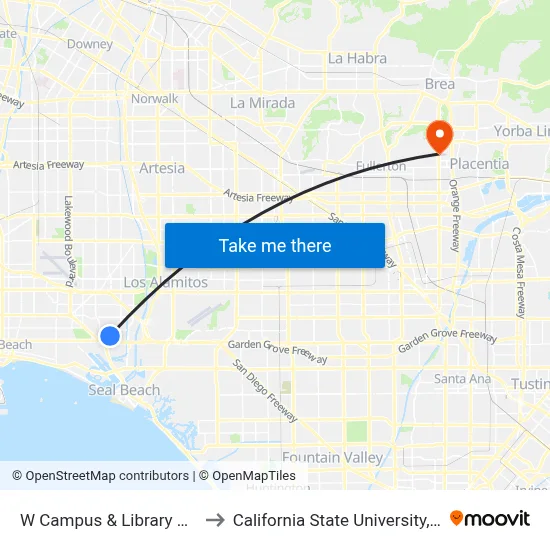 W Campus & Library East Side to California State University, Fullerton map
