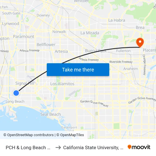 PCH & Long Beach Blvd NE to California State University, Fullerton map