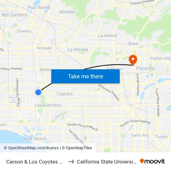 Carson & Los Coyotes Diagonal NE to California State University, Fullerton map