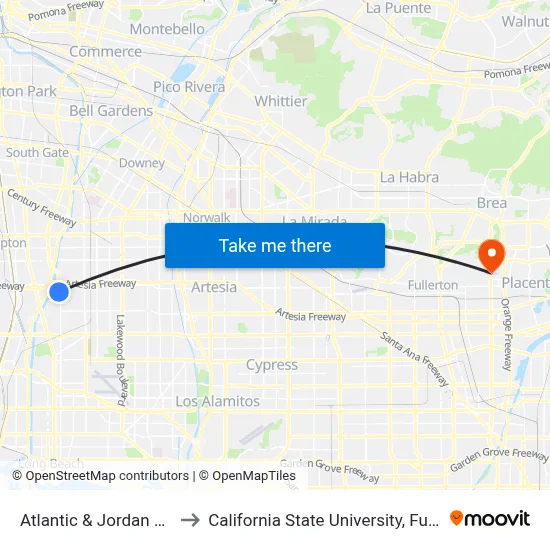 Atlantic & Jordan HS W to California State University, Fullerton map