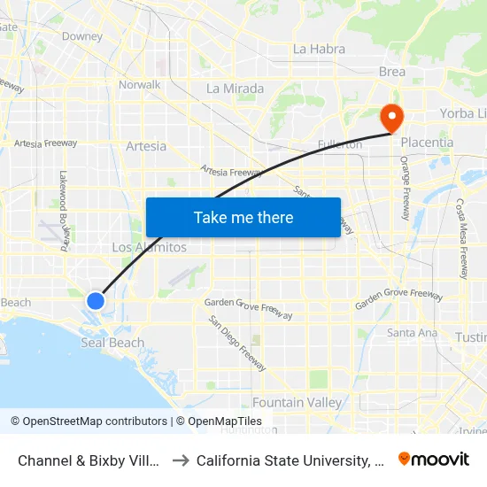 Channel & Bixby Village NE to California State University, Fullerton map