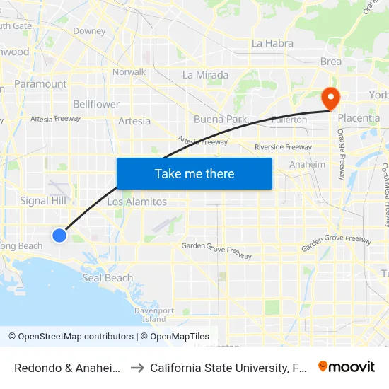 Redondo & Anaheim SW to California State University, Fullerton map