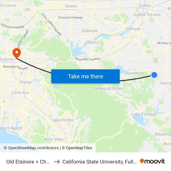 Old Elsinore + Church to California State University, Fullerton map