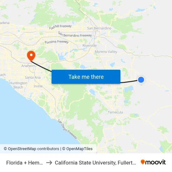 Florida + Hemet to California State University, Fullerton map