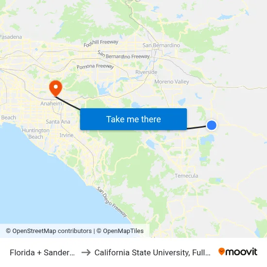 Florida + Sanderson to California State University, Fullerton map