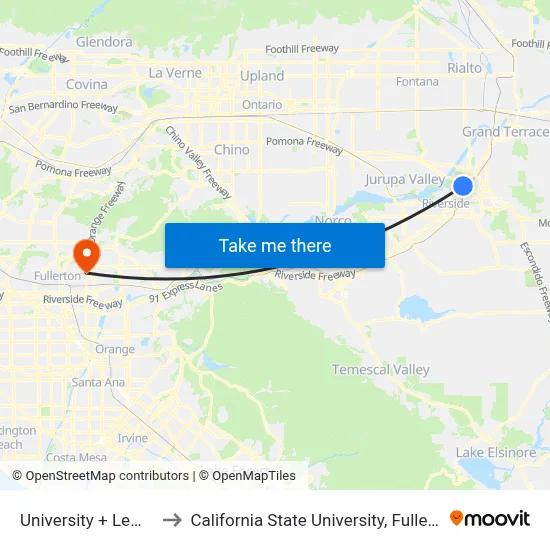University + Lemon to California State University, Fullerton map