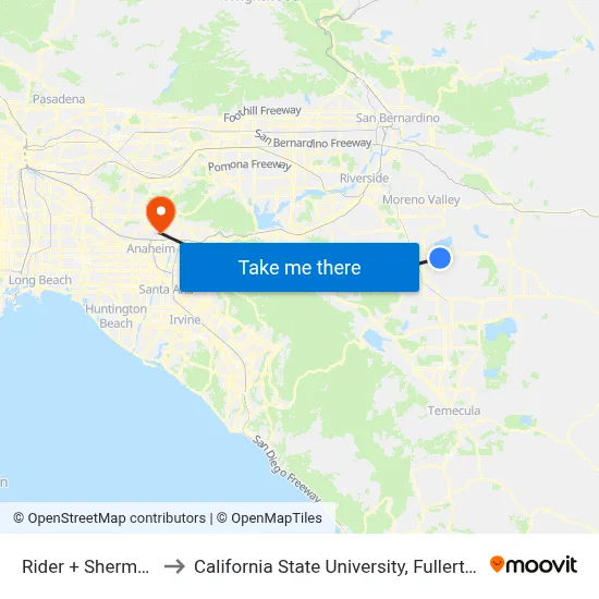 Rider + Sherman to California State University, Fullerton map