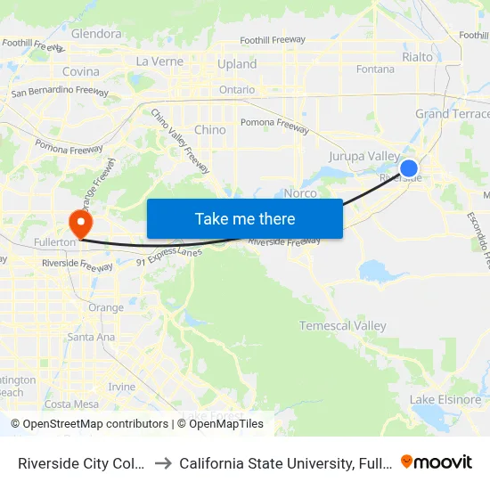 Riverside City College to California State University, Fullerton map