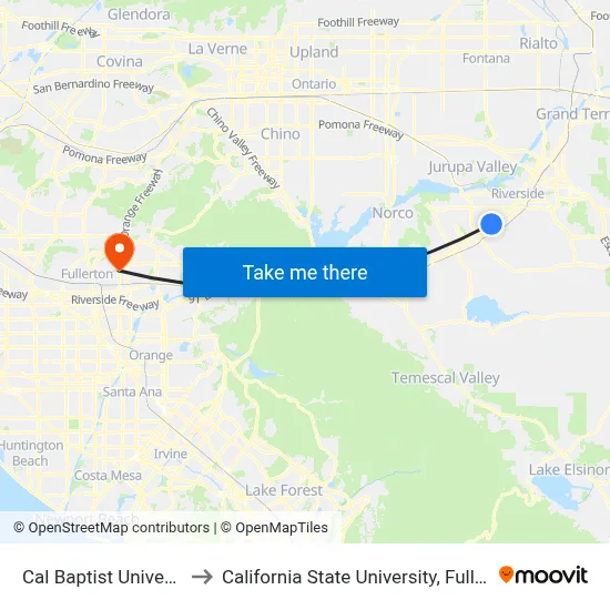 Cal Baptist University to California State University, Fullerton map