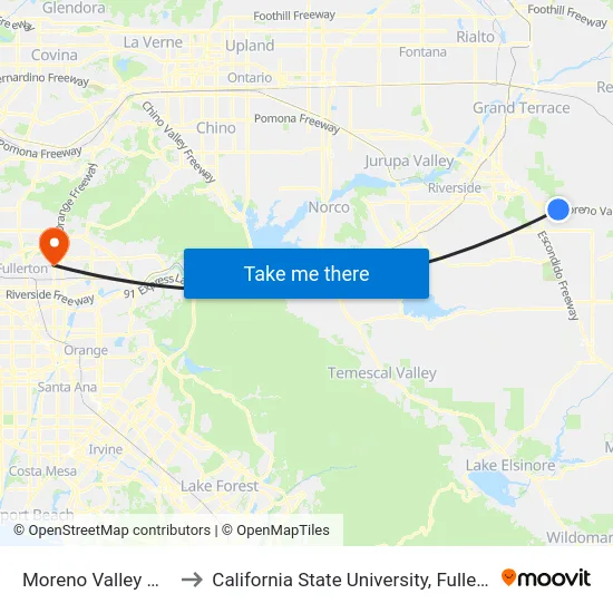 Moreno Valley Mall to California State University, Fullerton map