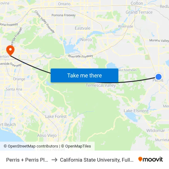 Perris + Perris Plaza to California State University, Fullerton map
