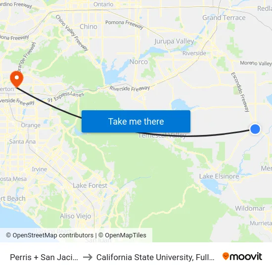Perris + San Jacinto to California State University, Fullerton map