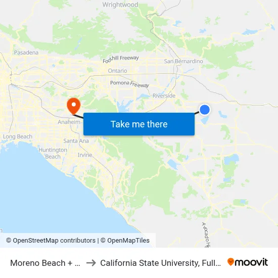 Moreno Beach + JFK to California State University, Fullerton map