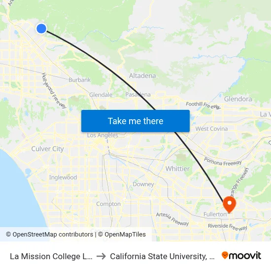 La Mission College Layover to California State University, Fullerton map