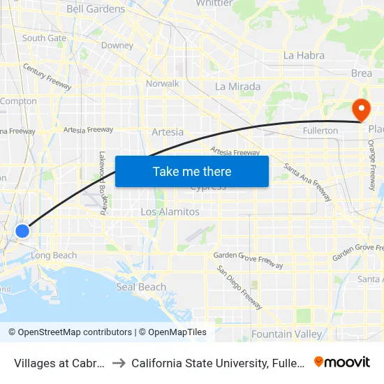 Villages at Cabrillo to California State University, Fullerton map
