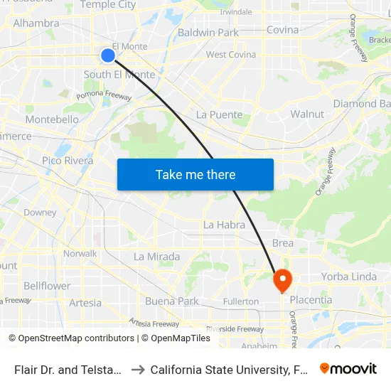 Flair Dr. and Telstar Ave. to California State University, Fullerton map