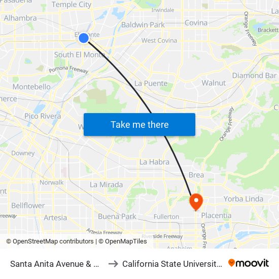 Santa Anita Avenue & Valley Mall to California State University, Fullerton map