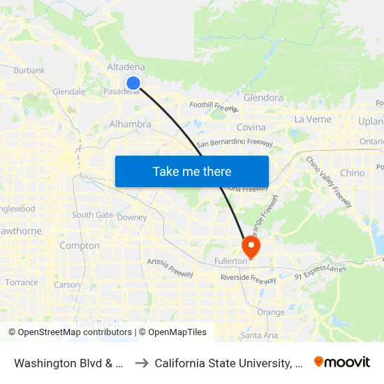 Washington Blvd & Hill Ave to California State University, Fullerton map