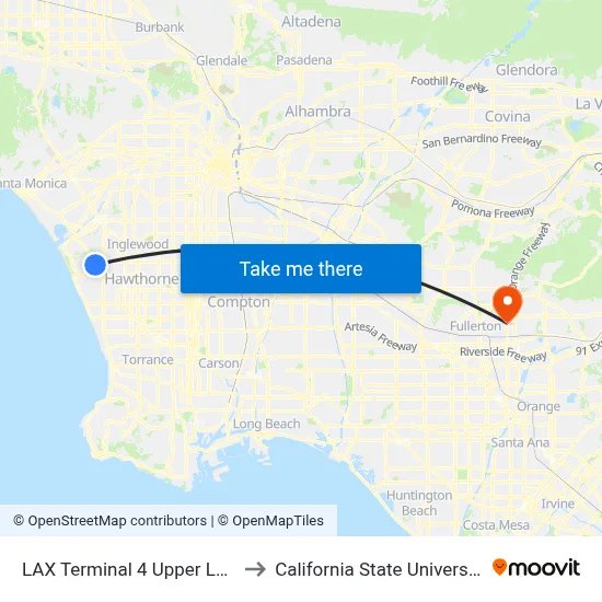 LAX Terminal 4 Upper Level Drop Off to California State University, Fullerton map