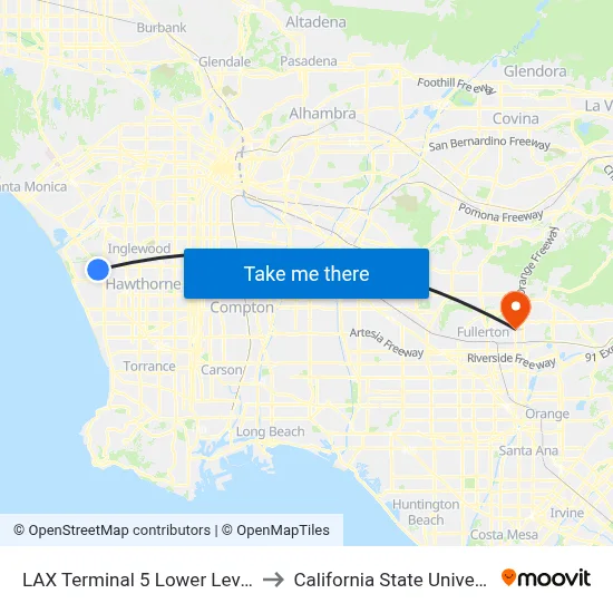 LAX Terminal 5 Lower Level Flyaway Stop to California State University, Fullerton map