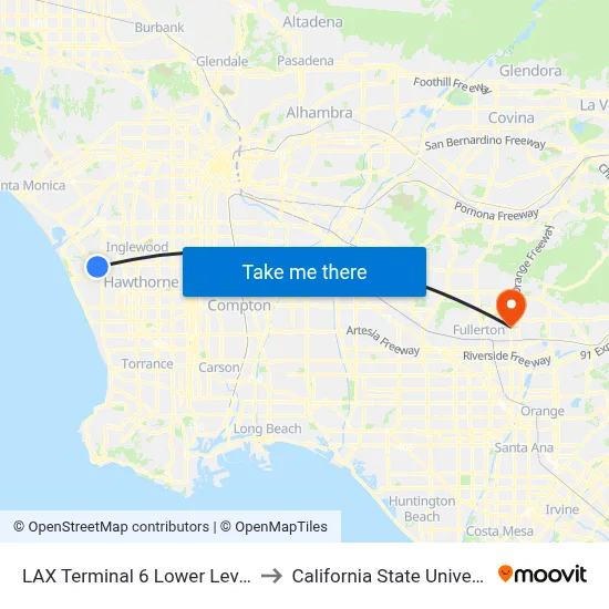 LAX Terminal 6 Lower Level Flyaway Stop to California State University, Fullerton map