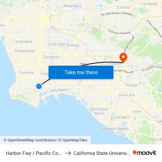 Harbor Fwy / Pacific Coast Highway to California State University, Fullerton map
