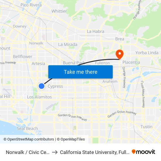 Norwalk / Civic Center to California State University, Fullerton map