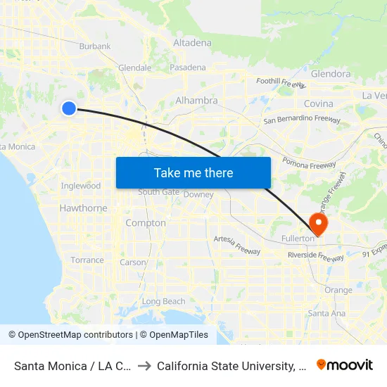 Santa Monica / LA Cienega to California State University, Fullerton map