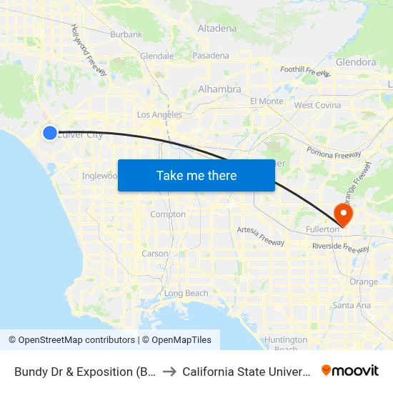 Bundy Dr & Exposition (Bundy Station) to California State University, Fullerton map