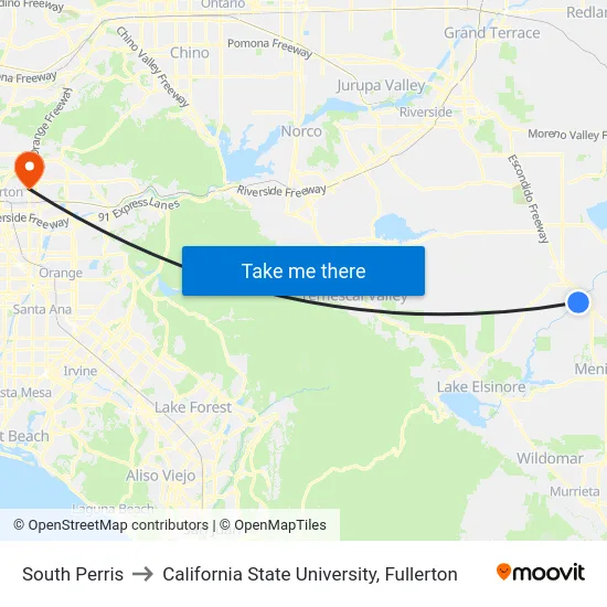 Perris - South to California State University, Fullerton map