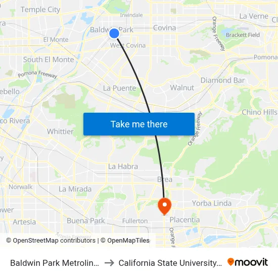 Baldwin Park Metrolink Station to California State University, Fullerton map