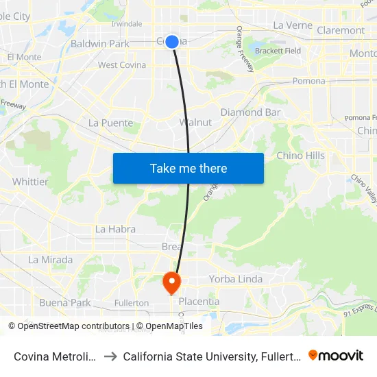 Covina Metrolink to California State University, Fullerton map