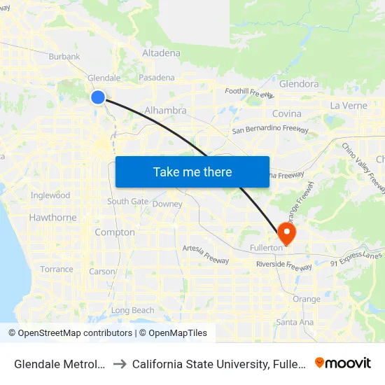 Glendale Metrolink to California State University, Fullerton map