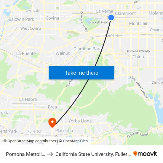 Pomona Metrolink to California State University, Fullerton map