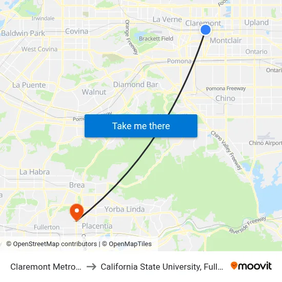 Claremont Metrolink to California State University, Fullerton map