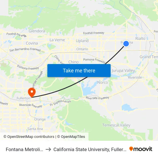 Fontana Metrolink to California State University, Fullerton map