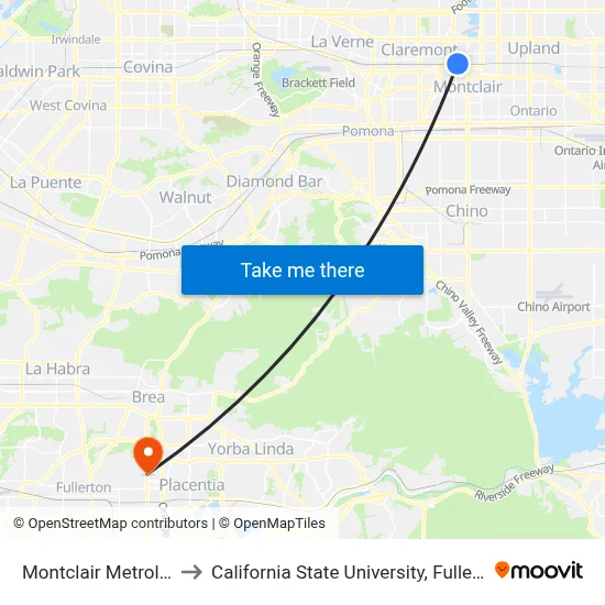 Montclair Metrolink to California State University, Fullerton map