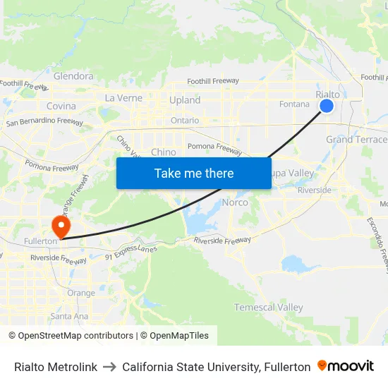 Rialto Metrolink to California State University, Fullerton map